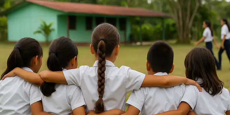 Niños en uniforme escolar abrazados en el patio de una escuela rural en Costa Rica